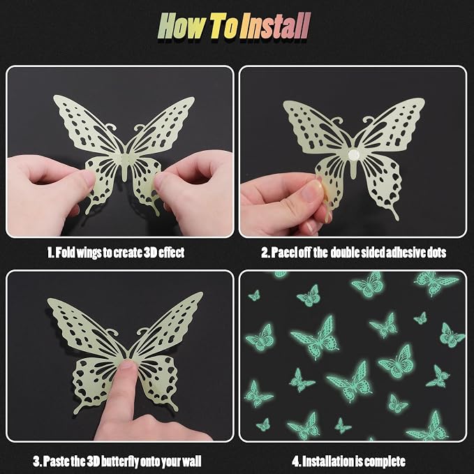 SAOROPEB Glow in The Dark 3D Butterfly 24 Pcs 3 Sizes, Luminous Butterfly Stickers for Ceiling or Wall, Glow in The Dark Party Supplies, Removable Luminous Stickers for Kids Babys Nursery (Green)