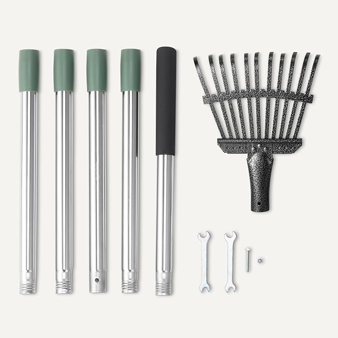 Amazon Basics Garden Rake, Leaf rake with 38.58" - 80.51" Adjustable Steel Handle, Gardening tools for Yard Work, Olive/Black/Silver