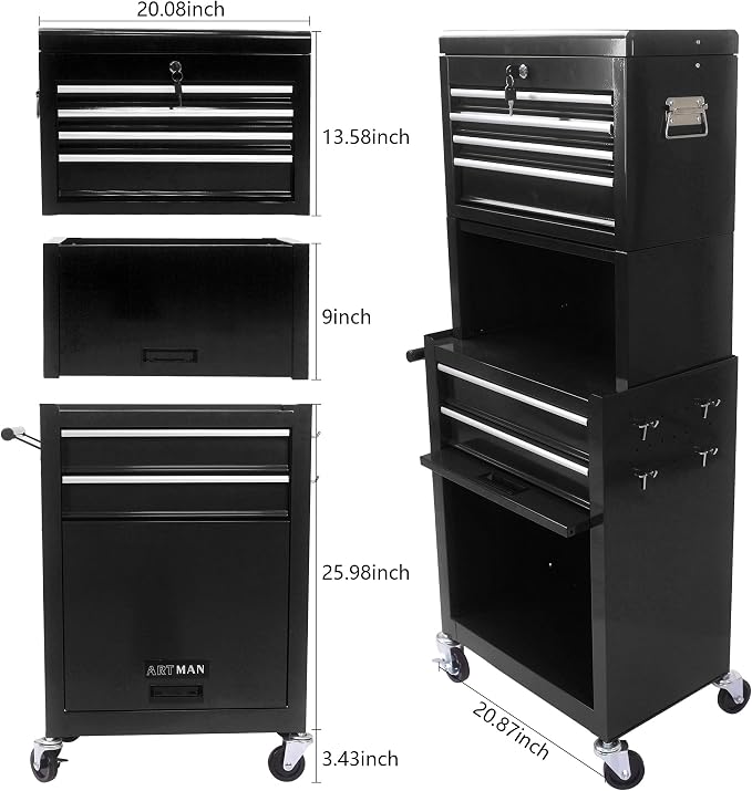 6-Drawer Tool Chest, Detachable Top for Garage, Black 3Set | Rolling Mobile Storage Cabinet Organizer with Lockable Wheels for Workshop Utility, Heavy Duty Metal Construction