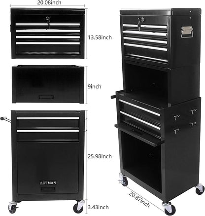 6-Drawer Tool Chest, Detachable Top for Garage, Black 3Set | Rolling Mobile Storage Cabinet Organizer with Lockable Wheels for Workshop Utility, Heavy Duty Metal Construction