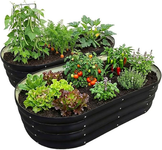 Raised Garden Bed, Metal Planter Box, Oval Shape, Outdoor Planting, Flower Herb Vegetable Planter (2 PCS of 4×2×1 ft, Dark Grey Oval)