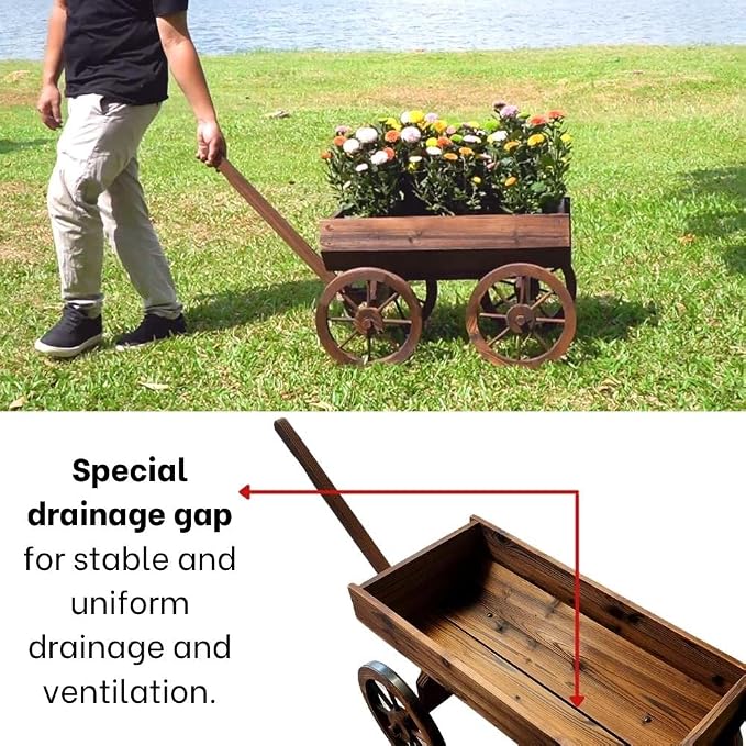 Wood Wagon Planter for Outdoor Balcony Decor - Garden Rustic Wooden Flower Cart with Wheels for Outside - Decorative Indoor - Wheelbarrow Planter for Patio -Reinforced Wheel