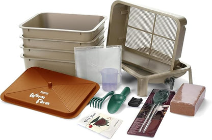Blütezeit 5-Tray Worm Compost Bin, 53QT Outdoor & Indoor Worm Composter with Worm Farm Starter Kits for Home & Kitchen Recycling Food Waste (Gold)