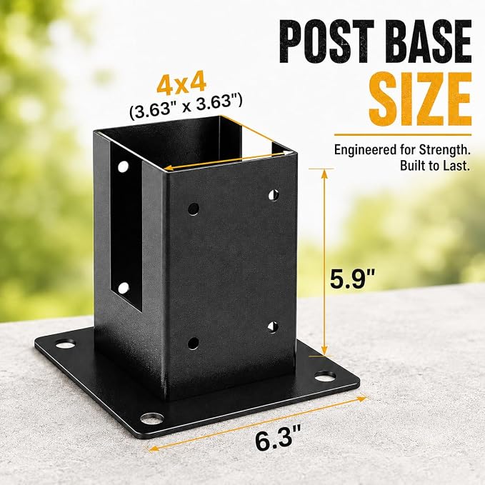 4x4 Post Base Brackets 2PCS - Heavy Duty Powder Coated Steel Post Anchor with 3.6"x3.6" Inner Size for Deck, Pergola, Fence and Mailbox Mount