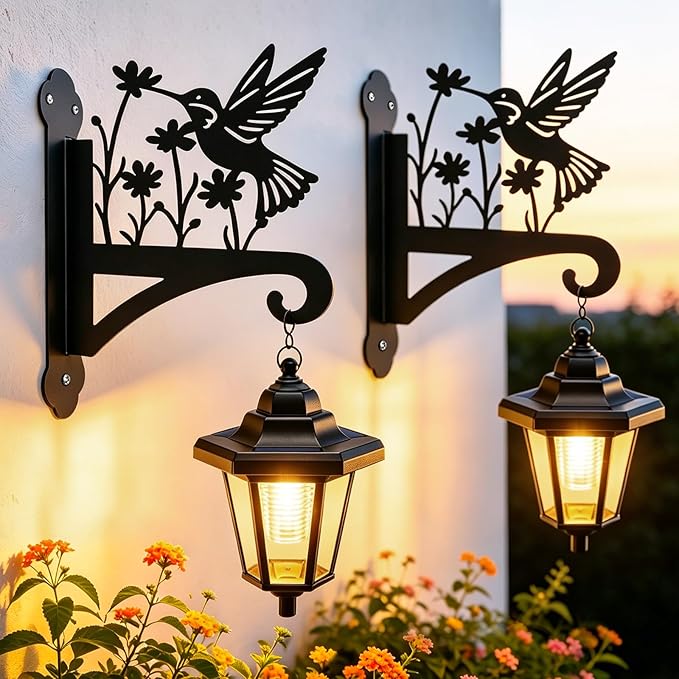 VOOKRY Solar Wall Lanterns Outdoor, Waterproof 2 Pack Hanging Lights with Hummingbird Hooks, Wall Mount Sconce with 3 Solar Panels for Patio Porch Yard Garden Decor, Dusk to Dawn 2700K Warm White