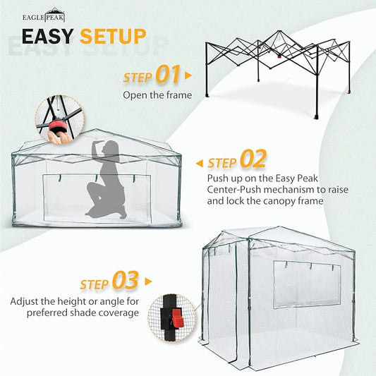 EAGLE PEAK 8x6 Portable Walk in Greenhouse, Pop Up Indoor Outdoor Greenhouse, Green House Kit with Zippered Roll-Up Doors and Windows, PE Cover, Clear/White