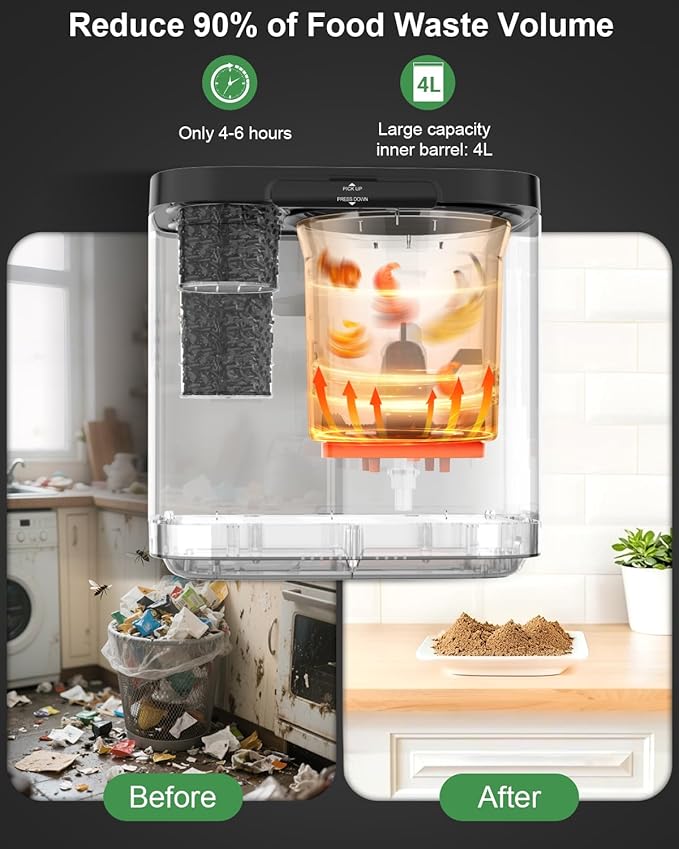 Electric Composter for Kitchen, 4L Indoor Odorless Compost Bin with 2 Carbon Filters, Upgraded Brushless Motor, Auto-Clean, LED Display, Visible Window, Smart Countertop Food Waste Composting Machine