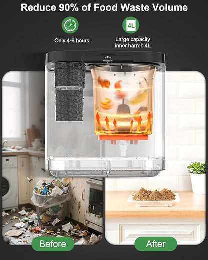 Electric Composter for Kitchen, 4L Indoor Odorless Compost Bin with 2 Carbon Filters, Upgraded Brushless Motor, Auto-Clean, LED Display, Visible Window, Smart Countertop Food Waste Composting Machine