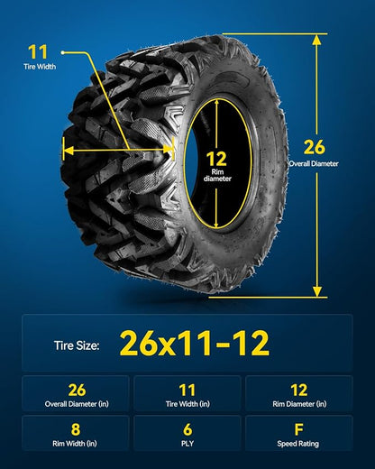 PHILTOP Size 26x11-12 Tires ATV UTV Knobby Sport Tire Mud Sand Off-Road All-Terrain Tubeless Set of 2