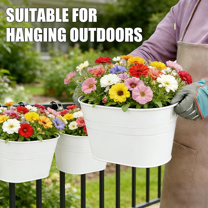 RIOGOO Hanging Planters, Set of 4, Metal Iron Flower Pots with Detachable Hook, White, 10.7" Diameter, Indoor and Outdoor Wall Decor