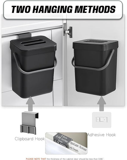 Countertop Compost Bin - 1.3 Gallons Hanging Small Trash Can with Lid for Kitchen Bathroom, Under Sink Kitchen Trash Can, Indoor Counter Compost Bucket with Lid, 5L(Black)