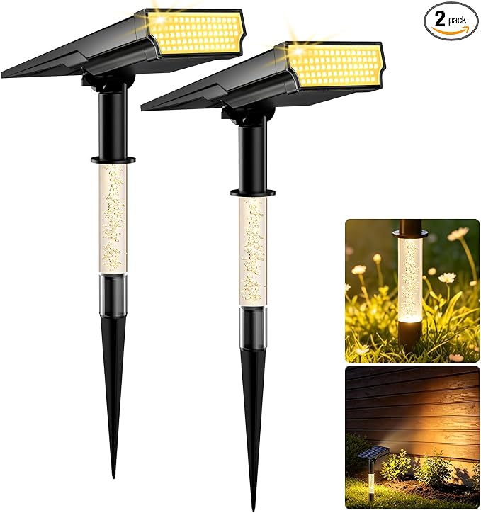 Solar Spot Lights Outdoor Waterproof IP65, 76 LED Solar Landscape Lights with Dual Lighting Design, Auto On/Off Solar Powered Outdoor Lights for Yard, Garden, Pathway, Warm White- 2 Pack