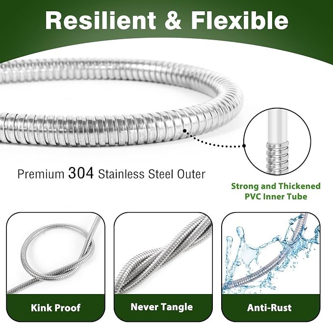50FT Metal Garden Hose 304 Stainless Steel Flexible Water Hose - No Kink & Tangle Heavy Duty Pipe with Nozzle, Durable 3/4 Brass Fittings and Valve - Rust Proof Puncture Proof for Yard Lawn