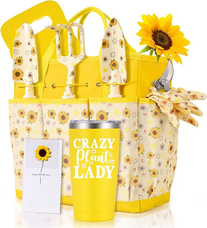 Gardening Gifts for Women, Gardening Tools for Women, 9 PCS Sunflower Garden Tools Set Kit with Garden Tool Bag, Mother's Day Birthday for Gardener Mom Grandma Aunt, Yellow