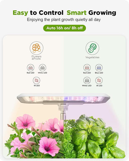 URUQ 8 Pods Hydroponics Growing System with LED Grow Light - White | Quiet Water Pump, Automatic Timer, Adjustable Height for Fresh Herbs, Vegetables, Indoor Gardening, Gifts for Plant Lovers