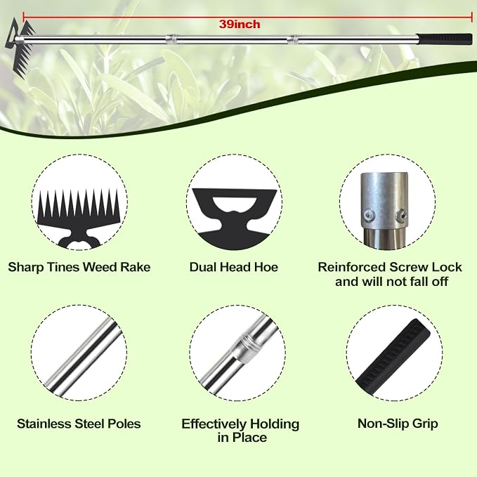 Weed Puller Picker Tool Scuffle Hoe Rake, Hand Tiller Small for Planting, Grass Weeder Dandelion Uprooting Remover, Standing Cultivator for Flower Garden Beds Lawns Yard Weeding and Leveling