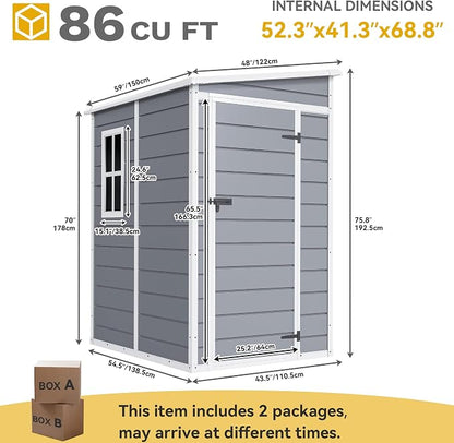 DWVO 5x4 FT Resin Storage Shed with Floor, All-Weather Outdoor Storage Shed with Lockable Door & Window, Waterproof Plastic Tool Shed for Garden, Backyard, Patio, Lawn, Gray