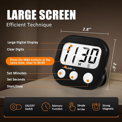 2 Pack Digital Kitchen Timer for Cooking Big Digits Loud Alarm Magnetic Backing Stand Cooking Timers for Baking Black