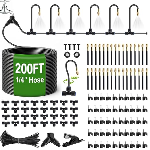 200FT 1/4" Drip Irrigation System Kit with 32pcs 360° Adjustable Copper Nozzles, Quick-Connect Watering & Misting System for Garden, Greenhouse, Lawn, Raised Beds, Potted Plants & Yard