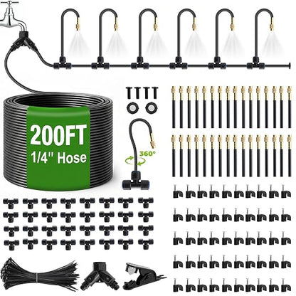 200FT 1/4" Drip Irrigation System Kit with 32pcs 360° Adjustable Copper Nozzles, Quick-Connect Watering & Misting System for Garden, Greenhouse, Lawn, Raised Beds, Potted Plants & Yard