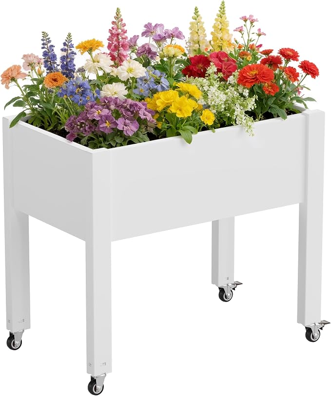 Fancyango Raised Garden Bed with Wheels 26.3" H -Ashen | Resin Elevated Garden Planter Box with Drainage, Outdoor Planter Box for Veggies Herbs Patio Balcony Backyard