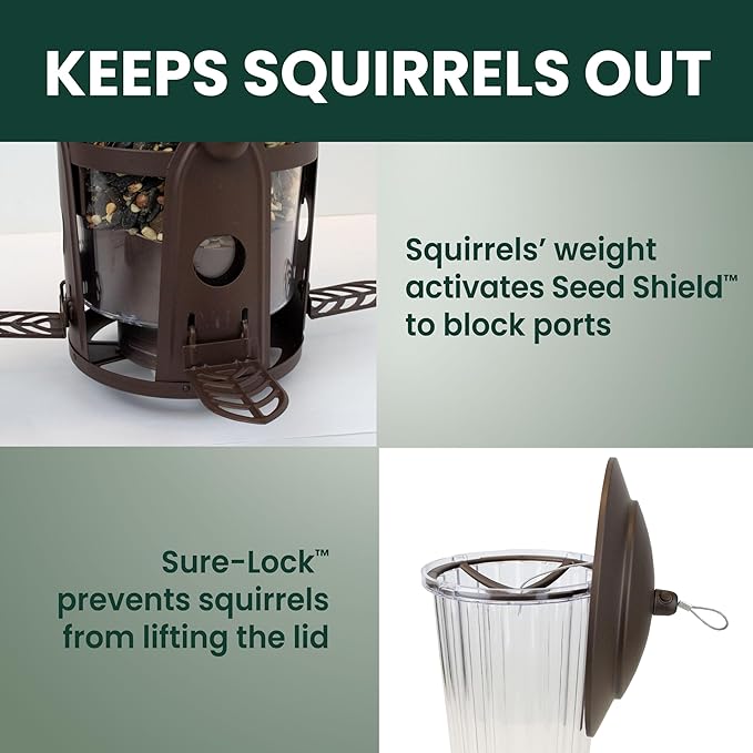 Perky-Pet Squirrel-Be-Gone Max Bird Feeder, (4) Flexport Feeding Stations | Squirrel-Proof Metal Hanging Feeder for Outdoors, Weight-Activated Ladder-Style Perches, 4lb Seed Capacity, 334-1SR