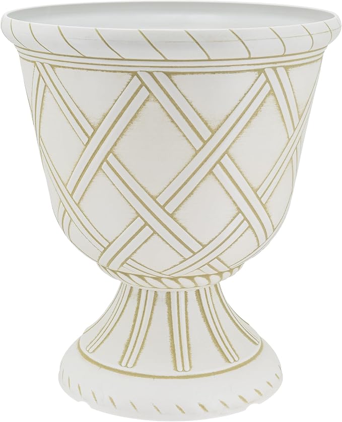 Arcadia Garden Products PL61BG Lattice Plastic Garden Urn, Classic Decorative Garden Pot Planter for Indoor and Outdoor Plants, Beige