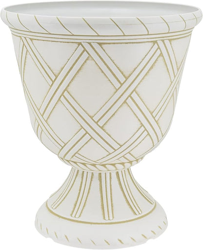 Arcadia Garden Products PL61BG Lattice Plastic Garden Urn, Classic Decorative Garden Pot Planter for Indoor and Outdoor Plants, Beige