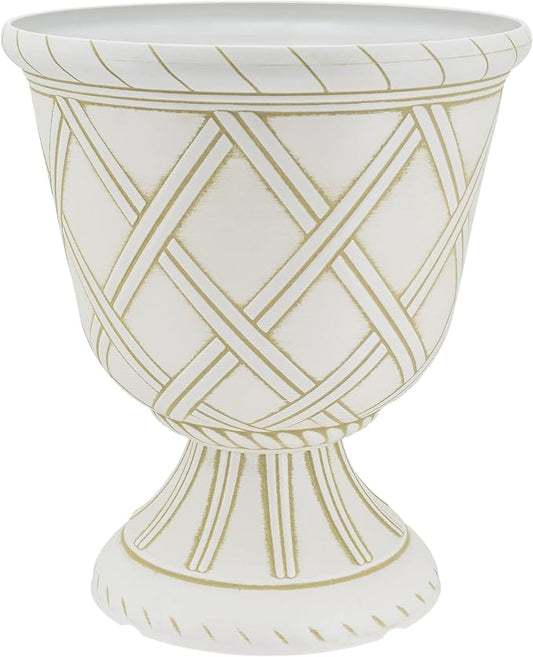 Arcadia Garden Products PL61BG Lattice Plastic Garden Urn, Classic Decorative Garden Pot Planter for Indoor and Outdoor Plants, Beige