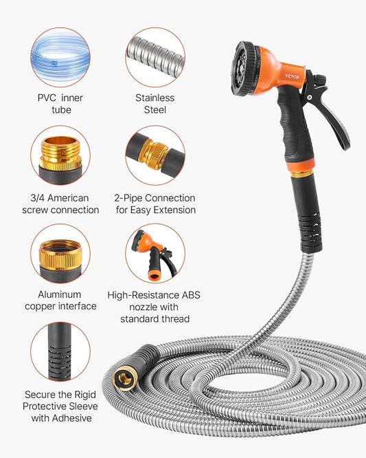 VEVOR Metal Garden Hose 25 ft, Rust Proof Stainless Steel Water Hose, Heavy Duty Backyard Hose with 10 Function Nozzle, No-Kink & Flexible Water Pipe, Lightweight Metal Hose for Yard, Outdoor