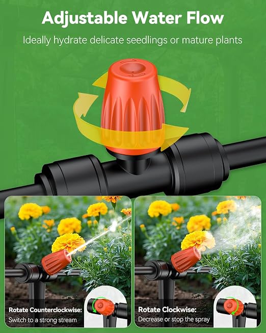 Pawfly 30 Pcs Push-to-Fit Drip Irrigation Spray Emitters for 1/4 Inch Tubing, Tee Misting Atomizing Nozzles Micro Sprayers with Adjustable 360 Degree Water Flow, Irrigation Drippers with End Plugs