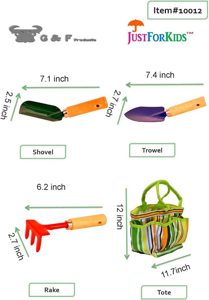 JustForKids Kids Gardening Tool Set, 3 Pack STEM Educational Garden Kit with Hand Rake, Shovel, Trowel & Canvas Tote, Outdoor Toys & Gift for Toddlers Boys Girls Ages 3-8