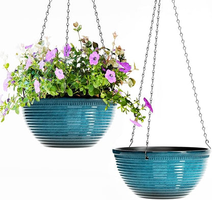 Vanslogreen 2 Pack Hanging Planters for Indoor Outdoor Plants, 10 Inch Hanging Planter with Drainage Hole & Plug Glazed Hanging Baskets Flower Pots for Garden Home (Blue)