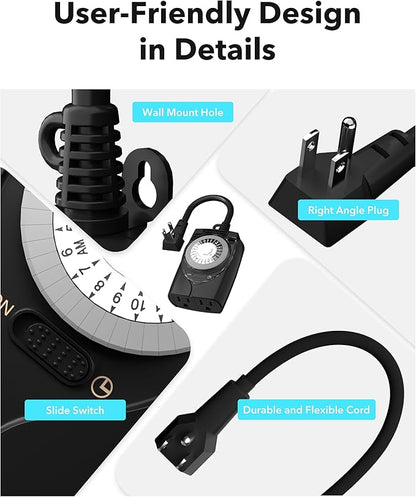 HBN Outdoor Timer Outlet Waterproof, 24 Hour Mechanical Light Timers for Electrical Outlets Outdoor Weatherproof, 2 Grounded Outlets for Christmas Lights, Pool Pump, 15A 1/2HP