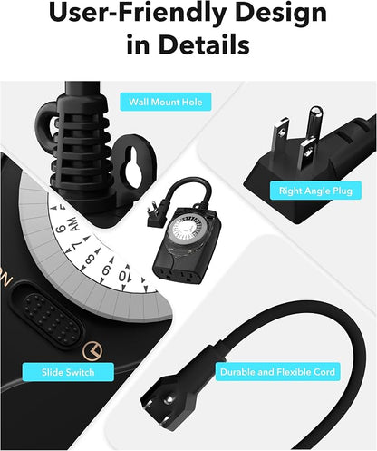 HBN Outdoor Timer Outlet Waterproof, 24 Hour Mechanical Light Timers for Electrical Outlets Outdoor Weatherproof, 2 Grounded Outlets for Christmas Lights, Holiday Decorations, 15A 1/2HP