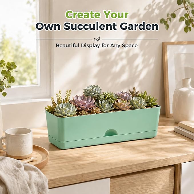 6 Pack Rectangle Planter 16x4.4 Inch Window Boxes Planters Rectangular Window Sill Planters Indoor Self Watering Plant Pots with Drainage Holes and Saucers Succulent Herb Flower Pots, Green