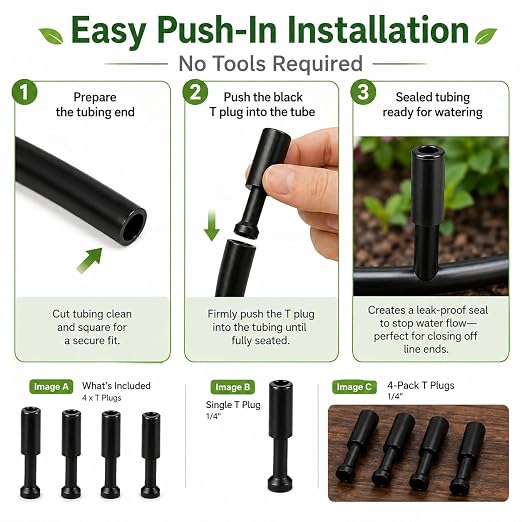 4-Pack 1/4 inch drip Irrigation T Plugs for HEKIWAY Watering Kits; Ideal for Sealing tubing Ends and Quick Repairs.