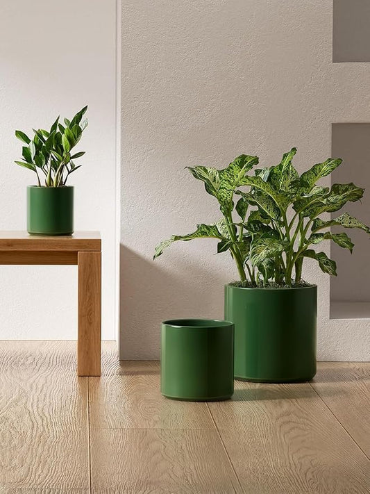 LE TAUCI 10+8+6 Inch Ceramic Pots for Plants, Indoor Planters with Drainage Hole and Plug, Modern Cylinder Flower Pots Set of 3 for Living Room and Kitchen, Glossy, Bamboo Green