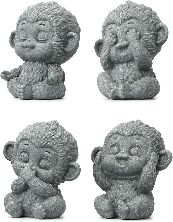 4 Piece Cute Monkey Figurine Set, Sandstone See no Evil,Hear no Evil,Speak no Evil,Do no Evil Statues, Zen Desk/Garden Decor, Mindfulness Animal Accents for Home Office
