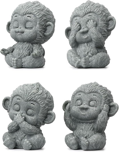 4 Piece Cute Monkey Figurine Set, Sandstone See no Evil,Hear no Evil,Speak no Evil,Do no Evil Statues, Zen Desk/Garden Decor, Mindfulness Animal Accents for Home Office