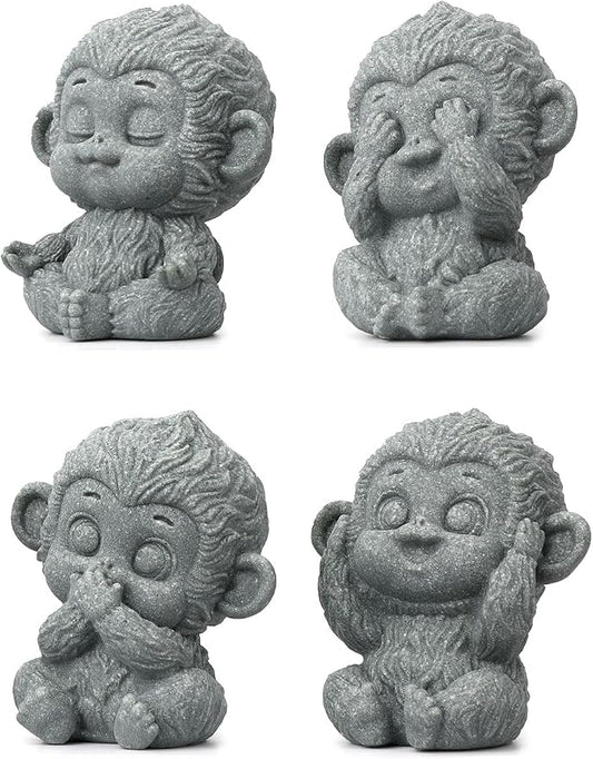 4 Piece Cute Monkey Figurine Set, Sandstone See no Evil,Hear no Evil,Speak no Evil,Do no Evil Statues, Zen Desk/Garden Decor, Mindfulness Animal Accents for Home Office