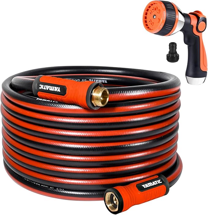YAMATIC 50FT Garden Hose 5/8in I.D. with 10 Function Water Hose Nozzle | 3/4" Solid Brass Connections, 360° Swivel Handle for Leakproof, Adjustable Spray Nozzle with Thumb Control for Backyard Lawn