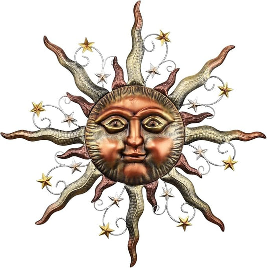 TERESA'S COLLECTIONS Sun Metal Wall Art for Outdoor Decor,25" Bronze Sun Face 3D Wall Decor for Garden Decor,Rustic Retro Hanging Sculpture for Outside Living Room Home Patio Farmhouse Gifts for Mom
