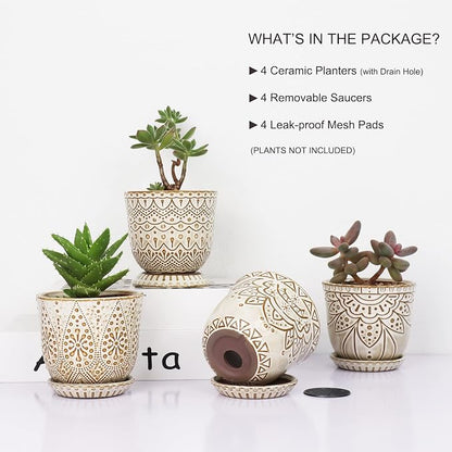 Gepege Succulent Pots, 4 Inch Small Indoor Ceramic Planter Pot with Drainage Holes and Saucers for Plants- Creamy White - Set of 4