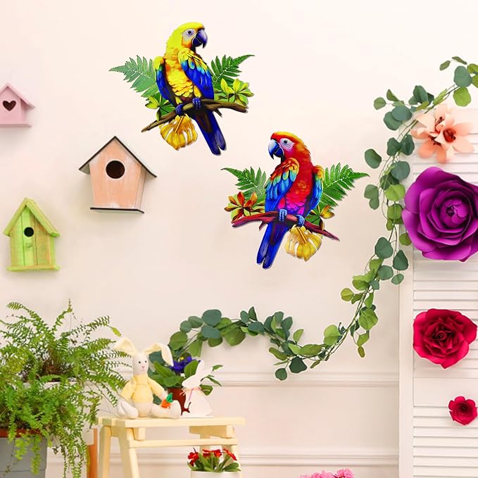 ULENDIS 2 Pack Metal Parrot Wall Decor, 11.8" Bright Color Tropical Bird Macaw Outdoor Wall Art Patio Fence Decorations, Hanging Bird Decor for Garden Yard Living Room Bedroom Balcony