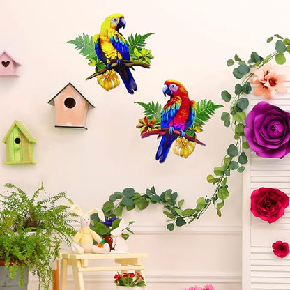 ULENDIS 2 Pack Metal Parrot Wall Decor, 11.8" Bright Color Tropical Bird Macaw Outdoor Wall Art Patio Fence Decorations, Hanging Bird Decor for Garden Yard Living Room Bedroom Balcony