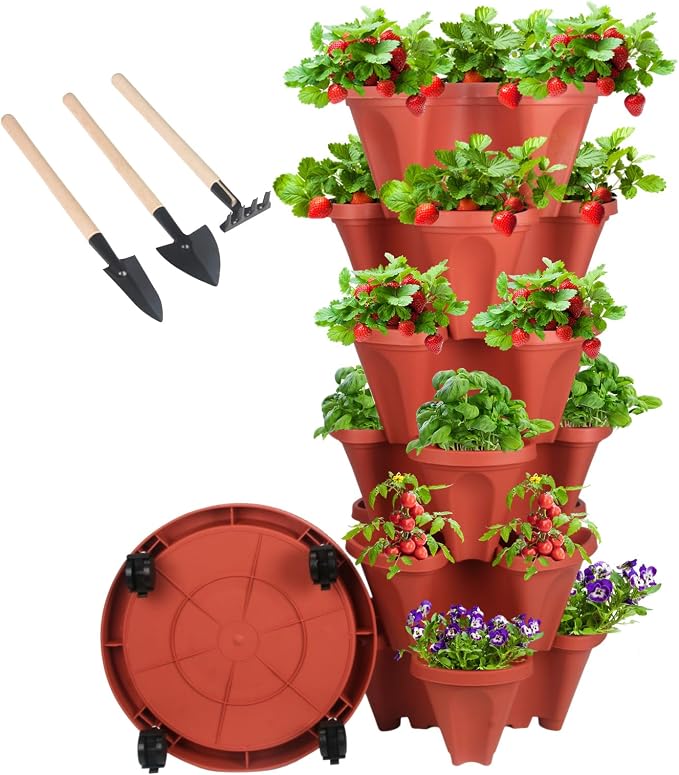 GameXcel Vertical Planter Tower - 6 Tier Stackable Garden Planters with Wheels and Tools Plant Pots for Strawberry Herb Flower and Vegetable Indoor Outdoor Use Red