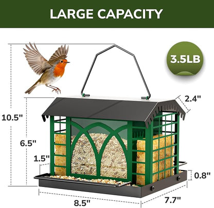 Bird Feeders for Outdoors Hanging, Metal Bird Feeder with Double Suet Cage Weatherproof Metal Roof, 3.5Lbs Large Capacity Great for Attracting Finch Cardinal Chickadee Wild Birds, Branch Green