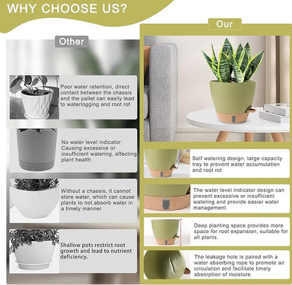 Self Watering Pots for Indoor Plants, 3 Pack 12/10/8 Inch, Large Planter with Water Reservoir, Modern Decorative Flower Pots for Home & OfficeGreen