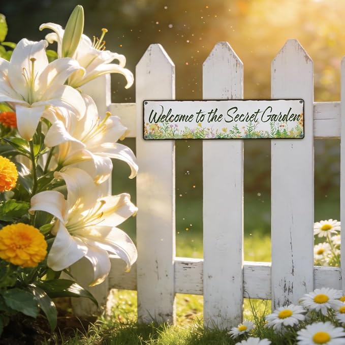 Garden Metal Tin Sign, Vintage Farmhouse Decor, Welcome to the Secret Garden Sign, Gardening Wall Art, for Yard Fence Door Porch, Rustic Indoor Outdoor Decoration, 15.7 x 3.9 Inches